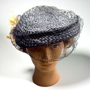 Vintage 50’s Black Hat with Veil and Cream Floral Detail